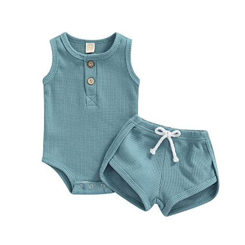 Ledy Champswiin Summer Newborn Baby Boy Girl Clothes Set Ribbed Outfits Unisex Infant Solid Short Sleeve Tops Shorts 2PCS