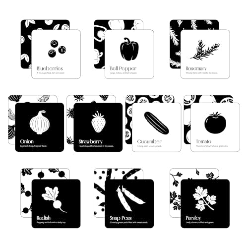 Garden for Baby Black and White Cards by Chunky Deli | High Contrast Sensory Toy for Newborn Visual Stimulation & Tummy Time | 10 Laminated Infant Learning Cards | Unique Foodie