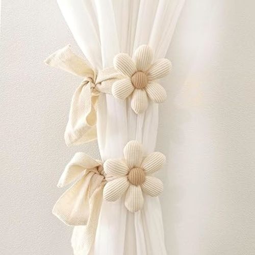 2pcs Curtain Tiebacks, Flower Curtain Ties for Drapes, Tiebacks with Adjustable Strap, Cotton Holdbacks for Indoor Outdoor Drapes Decor (Beige)