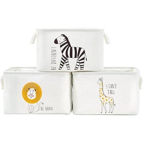 DECOMOMO Storage Baskets for Shelves 25.5L Canvas Storage Bin for Safari Nursery Décor, Baby Storage, Toys (Lion, Zebra, Giraffe – 3 Pack / Large)