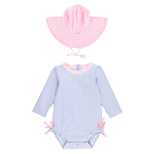 Seersucker One-Piece Rashguard Swimsuit & Hat Set