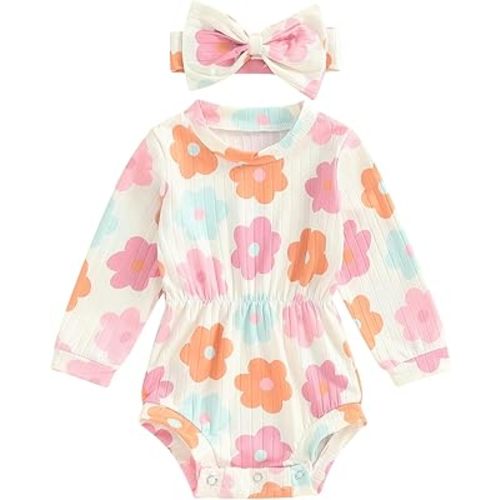 Infant Baby Girl Fall Outfit Clothes Long Sleeve Knit Romper Jumpsuit with Headband Newborn Coming Home Clothing