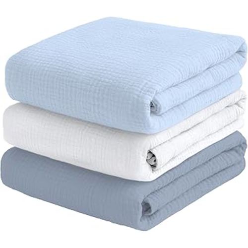 Muslin Swaddle Blankets for Baby Boy - 3 Pack 47x47 Inch Large Receiving Blankets, Soft Breathable Cotton Nursery Swaddles for Newborn, Infant & Todler (Blue, White, Dusty Blue)