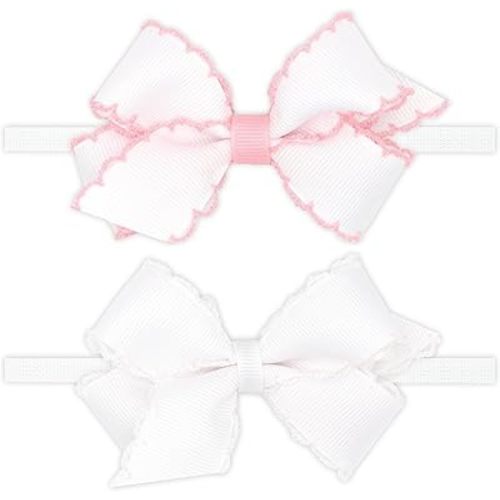 Wee Ones Girls' GIFT PACK Two Mini Moonstitch Grosgrain Bows on White Skinny Nylon Band, Mini, White/Light Pink and White/White