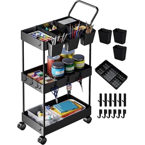 Black 3 Tier Rolling Cart on Wheels, Slim Storage Cart, Three Tiered Narrow Carts with Wheels, Storage Trolley for Office, Living Room, Kitchen, Movable Storage Organizer with Wheels, Easy Assembly
