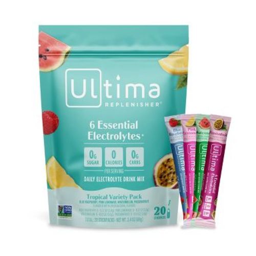 Ultima Replenisher Daily Hydration Electrolyte Stick Packs - Tropical Variety Pack: Powdered Drink Mix with 4 Flavors, 20ct