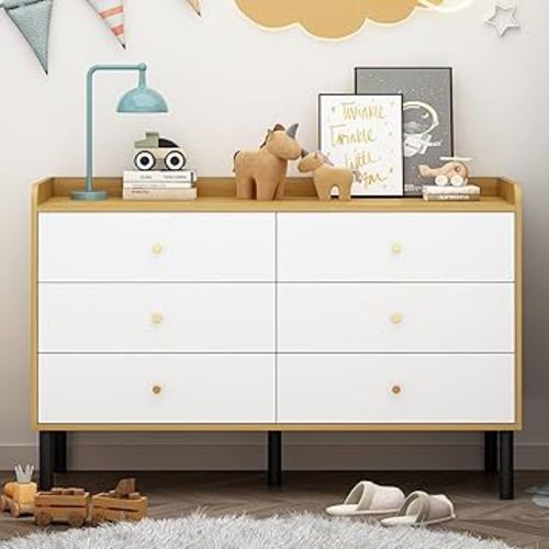 White Dresser for Bedroom, 6 Drawers Natural Wood Dresser with Golden Handles, Modern Wide Chest of Storage Organizer Drawers for Nursery, Hallway, Entryway