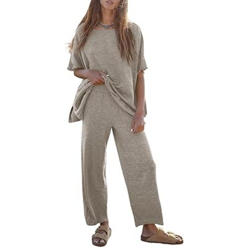 Tankaneo Women's 2 Piece Travel Outfits Casual Short Sleeve Knit Sweater Set Wide Leg Pants Lounge Sets Tracksuit