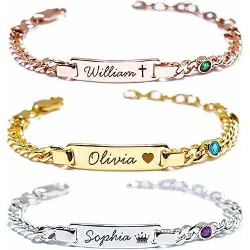 Custom Baby Birthstone Bracelets with Name for Infant Girls, Personalized 18K Gold Plated Bracelet Engraved Name Baby Birthday Gifts for Boys Girls, Kids Jewelry for Girls