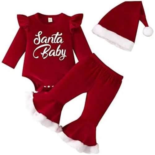 Engofs Newborn Baby Girl Christmas Outfit Long Sleeve Romper Bell Bottoms Pants Outfit with Hat My First Christmas Clothes