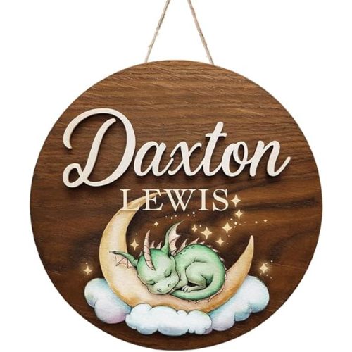 Personalized Baby Name Signs for Nursery, Green Dragon Sign for Baby Door Decor, Newborn Gifts for Boy, Boys Nursery Wall Bedroom Decorations, Mother's Day Gifts for New Mom Dad Gift