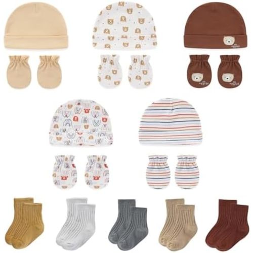 Baby Boy Girl Cotton Hat Mitten Sock Set 15 Pack Infant Essential Accessories for 0-6 Months