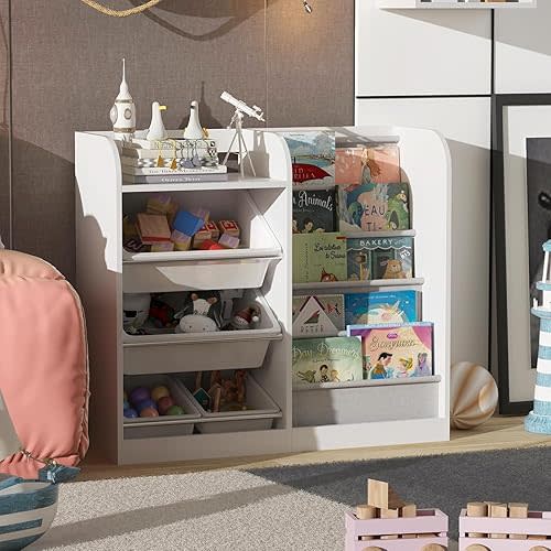 NACHES White Kids Wooden Bookshelf & Toy Storage Organizer W/4 Removable Plastic Toy Bins Children Bookcase Toddler Baby Sling Book Rack Cabinet for Playroom Bedroom Nursery Classroom Library