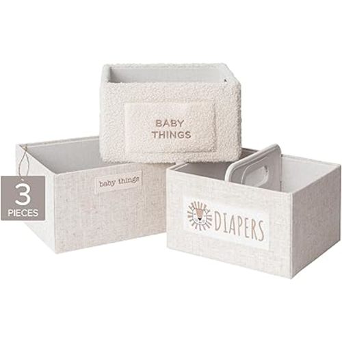 Decorative Storage Bins – Set of 3 Rectangular Greyboard Organizer Baskets for Nursery or Child's Room, Multi-Sized with Textured Linen and Ivory Boucle, Perfect for Organizing Essentials