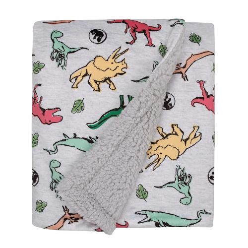 NoJo Welcome to The Universe Baby Jurassic World Grey, Green, Orange and Yellow Dinosaur Super Soft Sherpa Baby Blanket