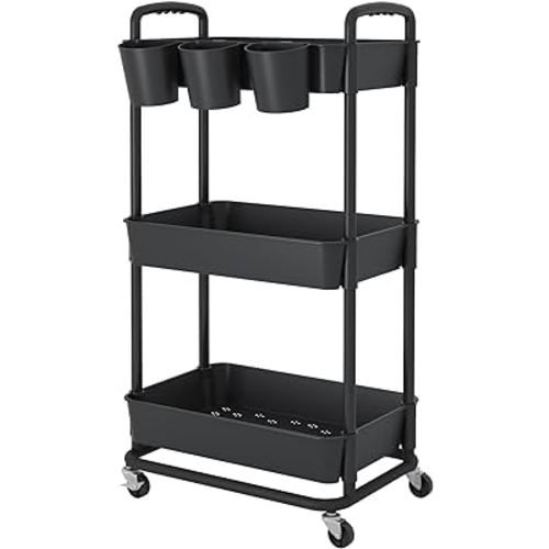 JIUYOTREE 3-Tier Plastic Rolling Storage Cart Utility Cart with Extra Hanging Cups Handles Lockable Wheels for Living Room Bathroom Kitchen Office Black