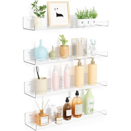 upsimples 4 Pack Acrylic Shelves for Wall Storage, 15" Floating Bookshelves for Kids, Display Shelf Organizer for Bathroom, Bedroom, Living Room, Kitchen, Room Decor, Clear