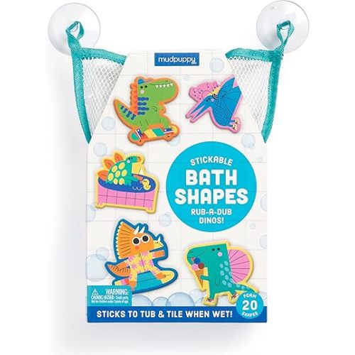 Mudpuppy Rub-a-Dub Dinos – 20 Stickable Dinosaur Themed Foam Shapes for Bath Time Entertainment with Mesh Storage Bag for Ages 2 and Up