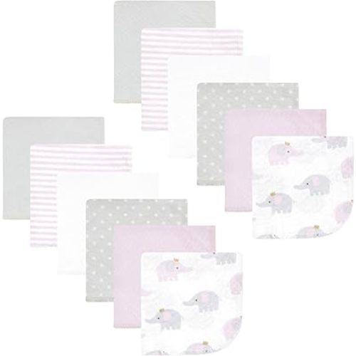 Hudson Baby Unisex Baby Flannel Cotton Washcloths, Lilac Elephants 12 Pack, One Size