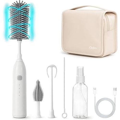 Electric Bottle Brush Cleaner, Electric Baby Bottle Brush Set with Silicone Bottle/Nipple/Straw Brush Soap Dispenser/Storage Bag for Home and Travel, White
