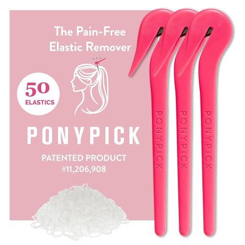THE PONY PICK Hair Elastic Rubber Bands Cutter Tool – Easy To Use, Pain Free, No Hair Damage – Ponytail Cutter Tool for Kids & Toddlers (3 Packs of Pony Pick & 50 Clear Hair Elastics)