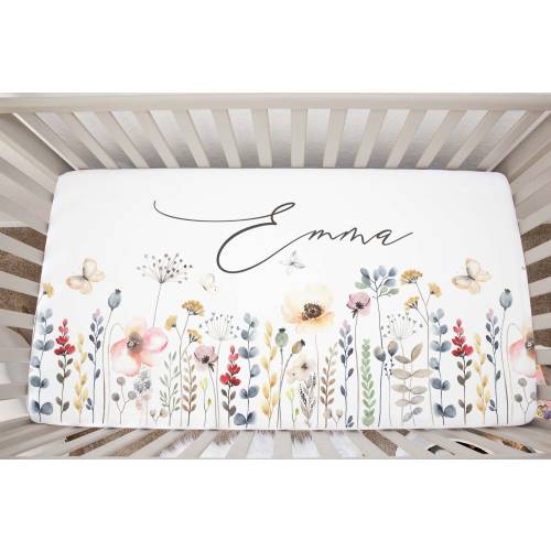 Personalized Baby Name Crib Sheet, Wild Flower Flowers Butterfly Crib Sheet, Fitted Sheet, Nursery Decor, Floral Nursery, Baby Shower Gift