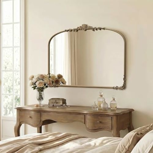Besdomus Large Gold Arched Mirror: 40"x30" Matt Gold Baroque Vintage Wall Mirror - Traditional Ornate Antique for Bedroom/Fireplace/Entryway/Bathroom/Living Room - Ideal for Fashion-Conscious