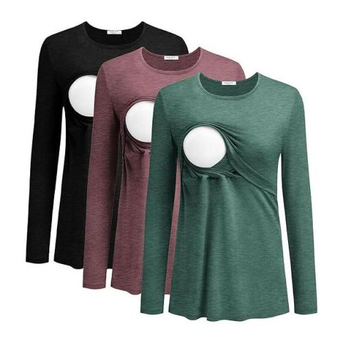 Ekouaer Women 3 Packs Nursing Shirts Long Sleeve Breastfeeding Tops Round Neck Postpartum Double Layer Maternity Tee Black/Light Green/Dark Red M