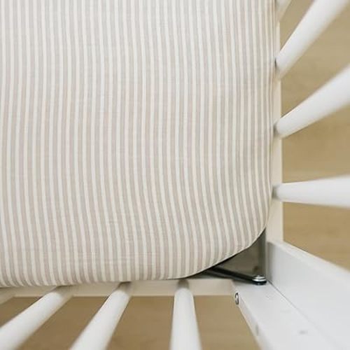 Taupe Stripe Muslin Crib Sheet by Mebie Baby, Soft and Breathable Bed Sheets for Babies, Modern Neutral Bedding for Cribs, Standard Crib Mattress Fitted Sheet, Great for Boy or Girl Room or Nursery