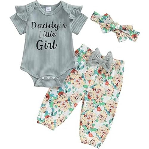 Adobabirl Newborn Baby Girl Clothes Short Sleeve Ribbed Romper Onesie Bowknot Floral Pants Headband 3Pcs Clothing Set