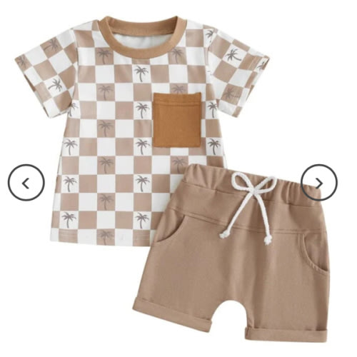12-18m Little Boy Short Sleeve Checkered Palms 2-Piece Outfit Set – The Trendy Toddlers