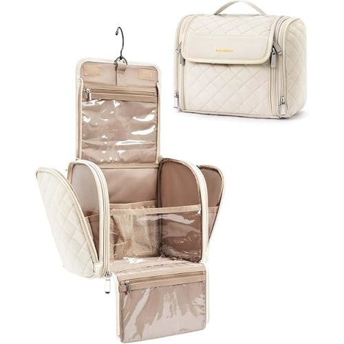 BAGSMART Toiletry Bag Travel Makeup Bag with Hanging Hook, Cosmetic Bag Make Organizer Case, Large Capacity Water-resistant Organizer for Toiletries Accessories Brushes Sponge, Beige
