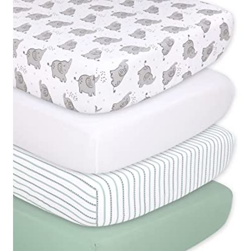 The Peanutshell Fitted Crib Sheets Set, Unisex 4 Pack, Grey Elephant Baby Bedding, White, Green, & Neutral Nursery Decor