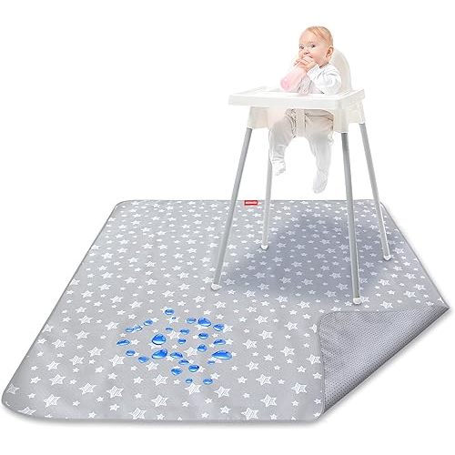 Splat Mat, Anti Slip and Waterproof Splat Mat for Under High Chair, Mealtime Baby Art/Crafts/Playtime, Portable Picnic Floor Feeding Table Cloth for Baby Grey Star