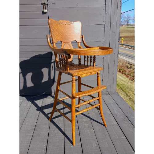 Antique Childs Pressed Back High Chair with Tray Quarter Sawn Oak 1920s