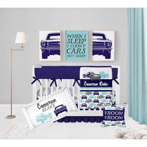 Car Crib Bedding Set, Baby Boy Crib Bedding, Truck Baby Bedding, Personalized Baby Boy Blanket, Vintage Car Nursery Bedding, Navy Blue Teal