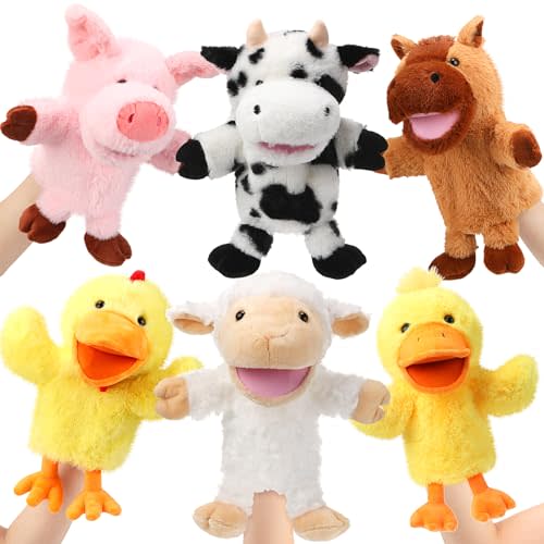 Lenwen 6 Pcs Operation Christmas Hand Puppets Bulk for Kids with Working Mouth 10 Inches Plush Animal Hand Puppet Toddler Plush Toys for Children Adult Xmas Birthday Party Favors Gift(Farm Animal)