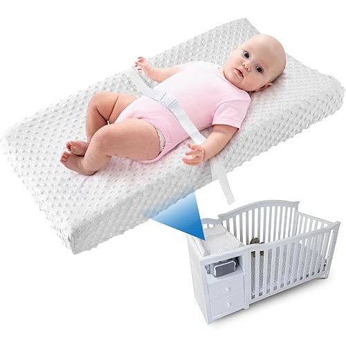 Compact Small Changing Pad with Cover - 27" X 16" Contoured Baby Diaper Changing Pad for Combo Crib with Changing Table-Waterproof & Hypoallergenic, Safety Strap with Quick-Release Buckle-Grey
