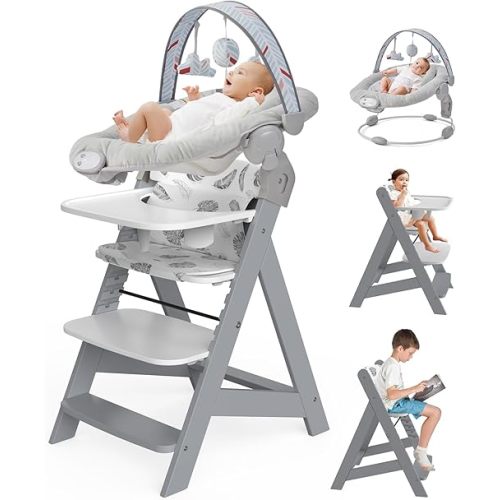 Wooden High Chair with Baby Bouncer - Convertible Baby Highchair with Tray - Adjustable High Chair for Babies/Toddlers/6 Months - Water Resistant Natural Wood Grey