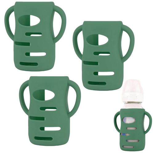 3 Pack Silicone Sleeves Compatible with Dr Brown Wide-Neck Glass Baby Bottles 9OZ/270mL, 100% Silicone Handles for Sippy Cups for Toddlers 1-3, Anti Breakage (Green, 9 OZ)