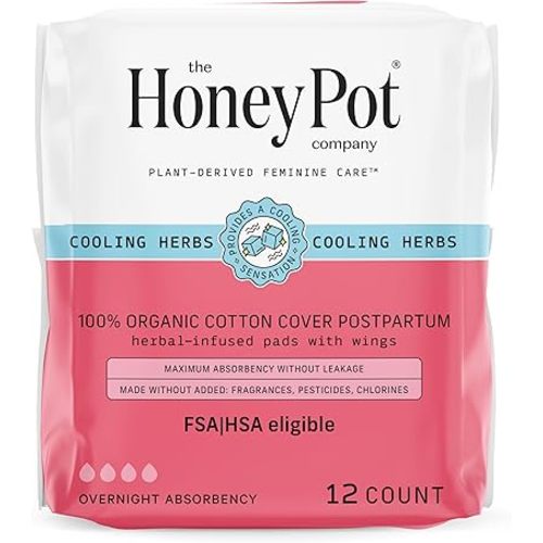 The Honey Pot Company - Herbal Postpartum Pads w/Wings - Infused w/Essential Oils for Cooling Effect, Organic Cotton Cover, & Ultra-Absorbent - Postpartum Essentials to fill your Postpartum Kit - 12ct