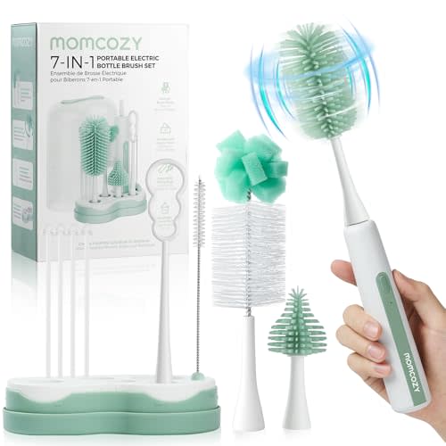 Momcozy 7 in 1 Electric Bottle Brush Kit, Portable Cleaning Set with Formula Mixer, Silicone Brush, Nipple Brush, Straw Brush, Soap Dispenser, Drying Rack - Long Battery Life for Home & Travel