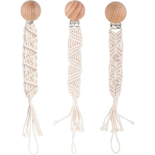 Boho Pacifier Clip for Boys Girls Pacifier Holder Leash Wooden Clips Handmade Braided Cotton Unisex Baby Shower Birthday Gift Christmas Gift (Pattern 5)