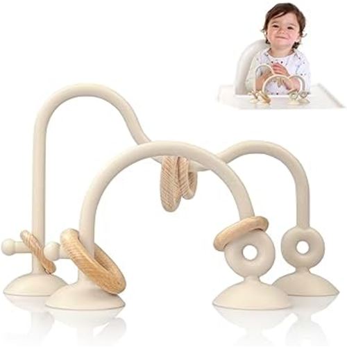 Baby Teething Toy, High Chair Suction Cup Toys for Infant Toddlers 0-6M, Food Grade Silicone Teether, Educational Parent-Child Baby Toys, Montessori Sensory Toy for Babies 6-12Months (Beige)