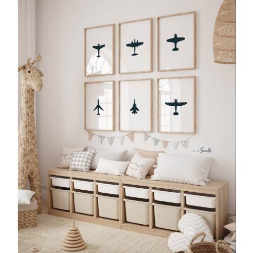 Airplane nursery wall art, boy plane bedroom prints, plane room decor for toddler, boy airplane poster print set six, airplane themed decor