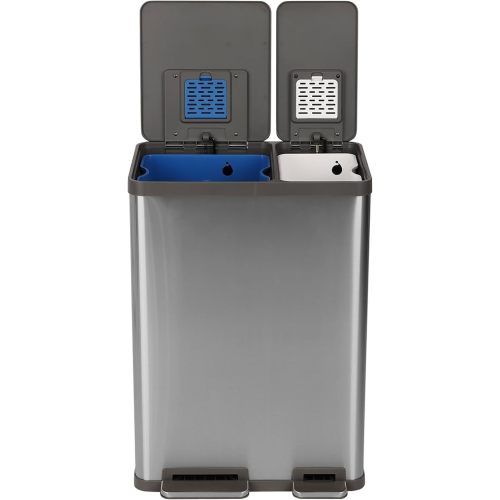 Simpli-Magic 60 Liter / 16 Gallon Rectangular Hands-Free Dual Compartment Recycling Kitchen Step Trash Can with Soft-Close Lid, Brushed Stainless Steel (38L x 22L Capacity)