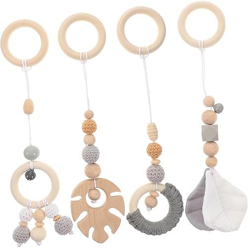 jojofuny 4pcs Leaf Toy Crib Hanging Pendants Wood Crib Pendant Wooden Hanging Pendants Wood Bed Hanging Pendant Gym Rattle Pendant Stroller Yarn Gym Rack