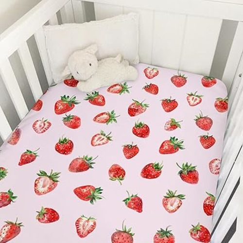 Watercolor Strawberries Baby Crib Sheet 52''x28'' Cute Strawberry Pink Stretchy Fitted Crib Mattress Covers for Boy Girl Boho Summer Fruits Soft Baby Sheets for Standard Crib and Toddler Mattress