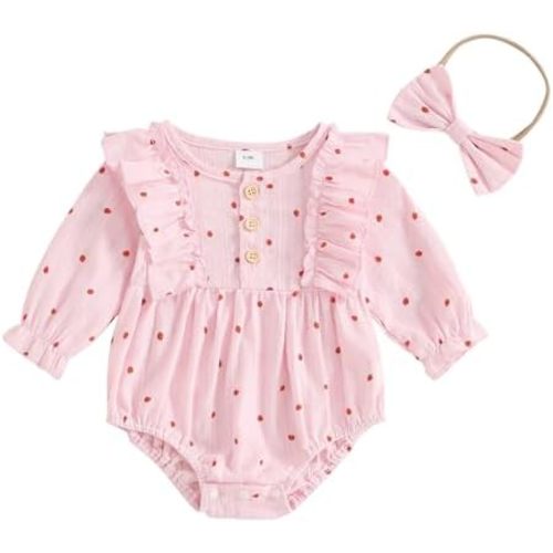 Infant Baby Girl Floral Romper Outfit Cotton Linen Smocked Bodysuit Long Sleeve Boho Clothes with Headband