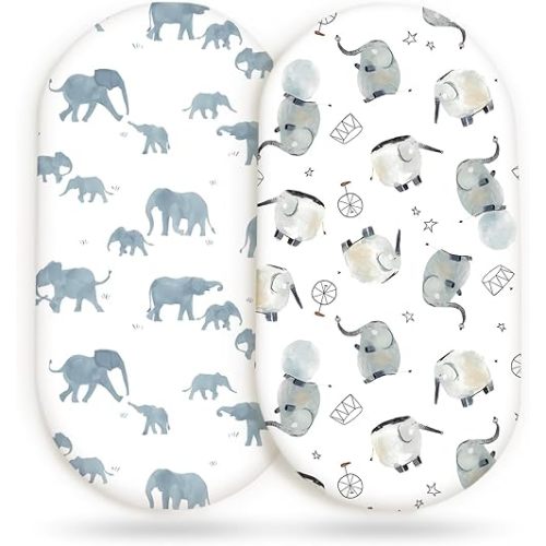 GRSSDER Stretchy Ultra Soft Fitted Bassinet Sheet Set 2 Pack, Universal Fitted for Bassinets Baby Cradle Moses Basket Oval Rectangle Mattress Safe and Snug, Cute Elephant Print